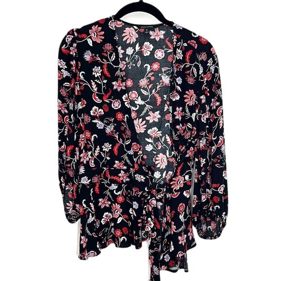 Banana Republic Black Red Floral Tie Waist Blouse Ballon Sleeves Size Small - Picture 1 of 8